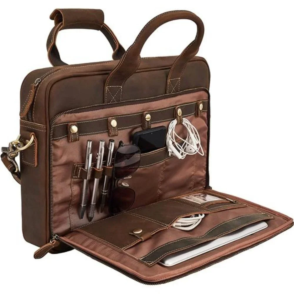 Men's Handcrafted Leather Laptop Bag, Dark Brown, Fits 15.6